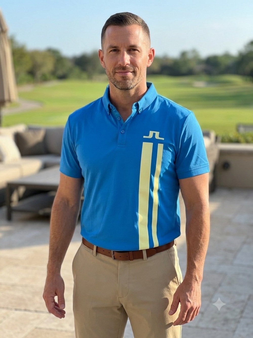 J.Lindeberg Blue Polo with Yellow Stripe Accent